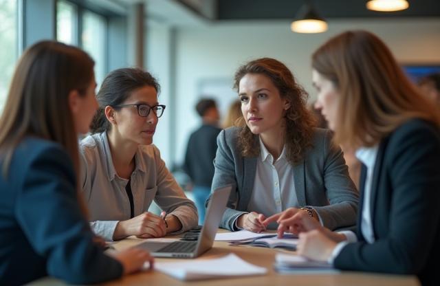 KompetencePartneren team discussing in a modern office