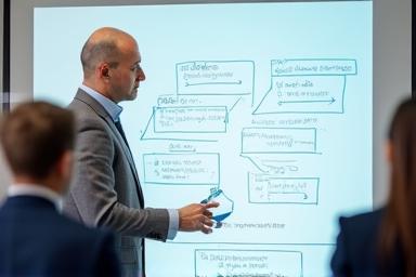 Trainer illustrating behavioral interviewing concepts on a whiteboard